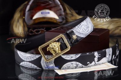 Perfect Clone Versace Engraved Leather Belt With Yellow Gold Diamond Buckle